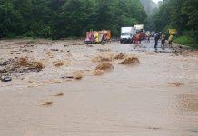 Foto şi VIDEO. Potop în zona Rupea. Două persoane au rămas izolate de ape, iar DN 13 este blocat de copaci
