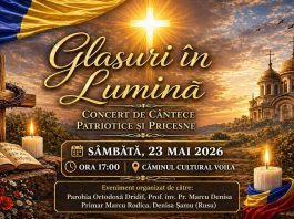 ,,Glasuri în lumină“, concert de cântece patriotice și pricesne, la Voila. Evenimentul va avea loc sâmbătă, 23 mai, ora 17.00